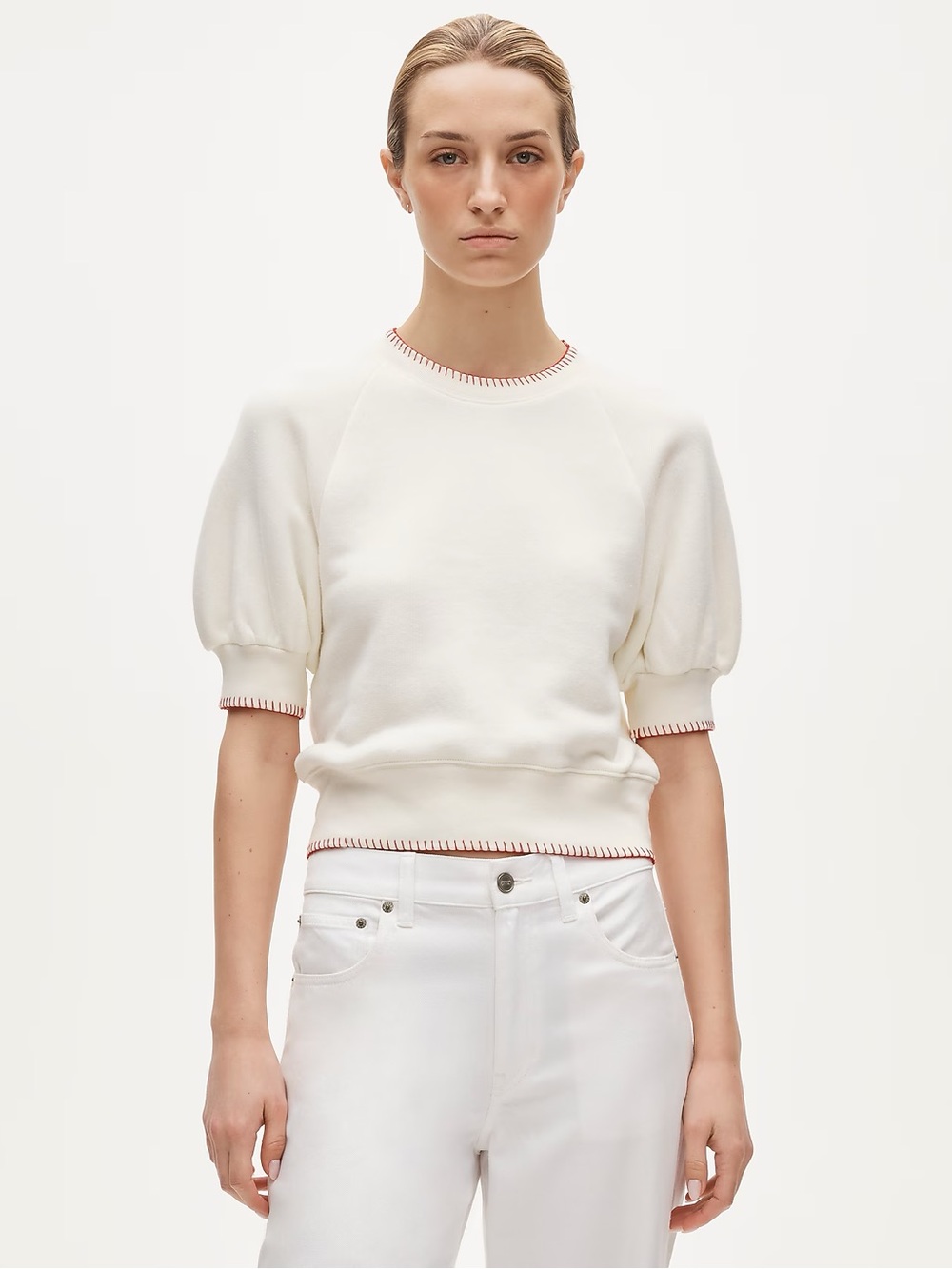 J. Crew Contrast-trim heritage terry puff-sleeve sweatshirt Medium Casual Preppy
